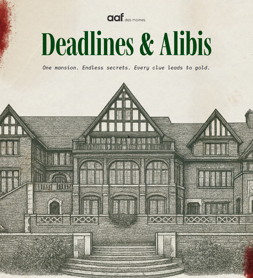 Deadlines & Alibis - One mansion. Endless secrets. Every clue leads to gold. Illustration of the front of Rollins mansion.